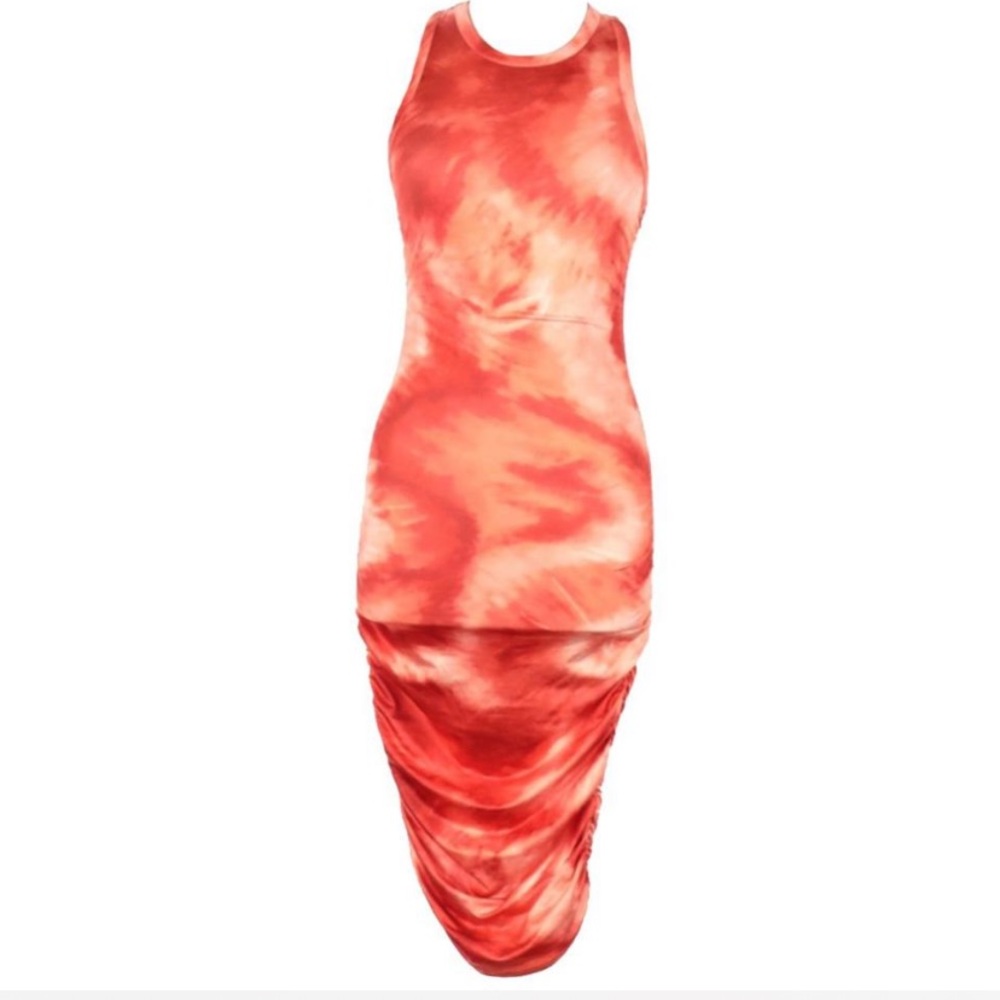 Orange Tie Dye Bodycon Ruched Midi Dress Sz M